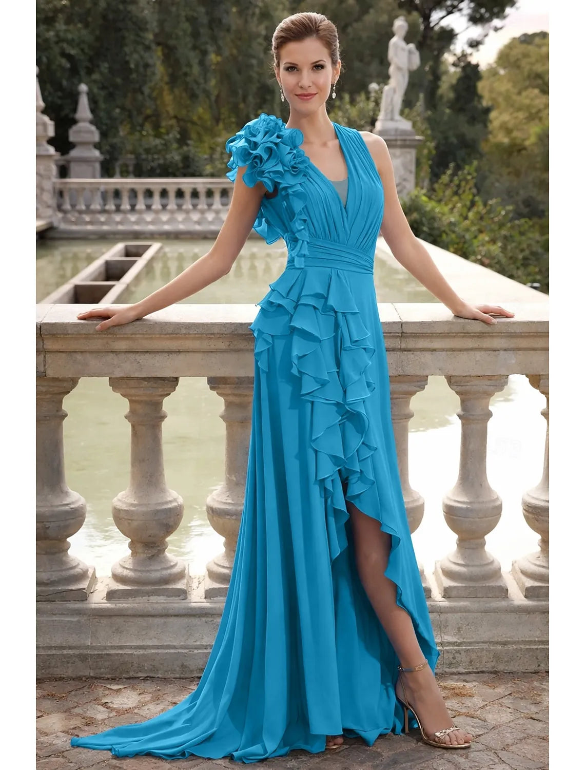 Elegant A-Line V-Neck Ruffle Slit Turquoise Floor Length Prom Dress For Sale