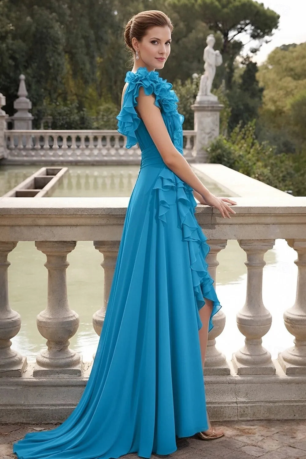 Elegant A-Line V-Neck Ruffle Slit Turquoise Floor Length Prom Dress For Sale