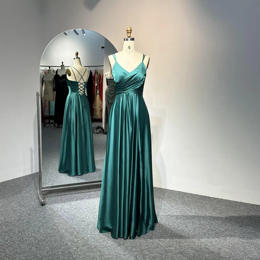 Elegant A-Line V-Neck Sleeveless Ruched Emerald Green Maxi Prom Dress for Women Ready to Ship