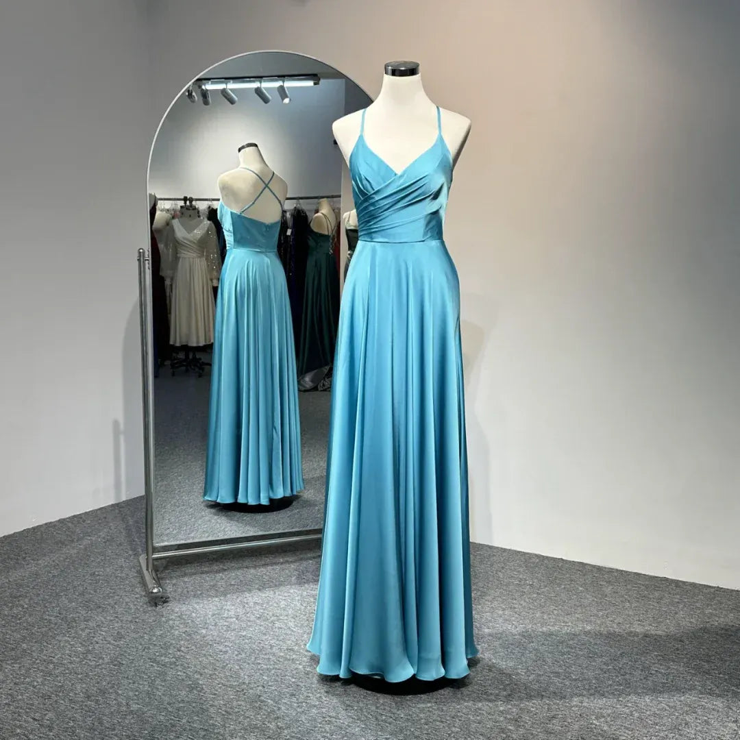 Elegant A-Line V-Neck Sleeveless Ruched Turquoise Maxi Prom Dress for Women Ready to Ship