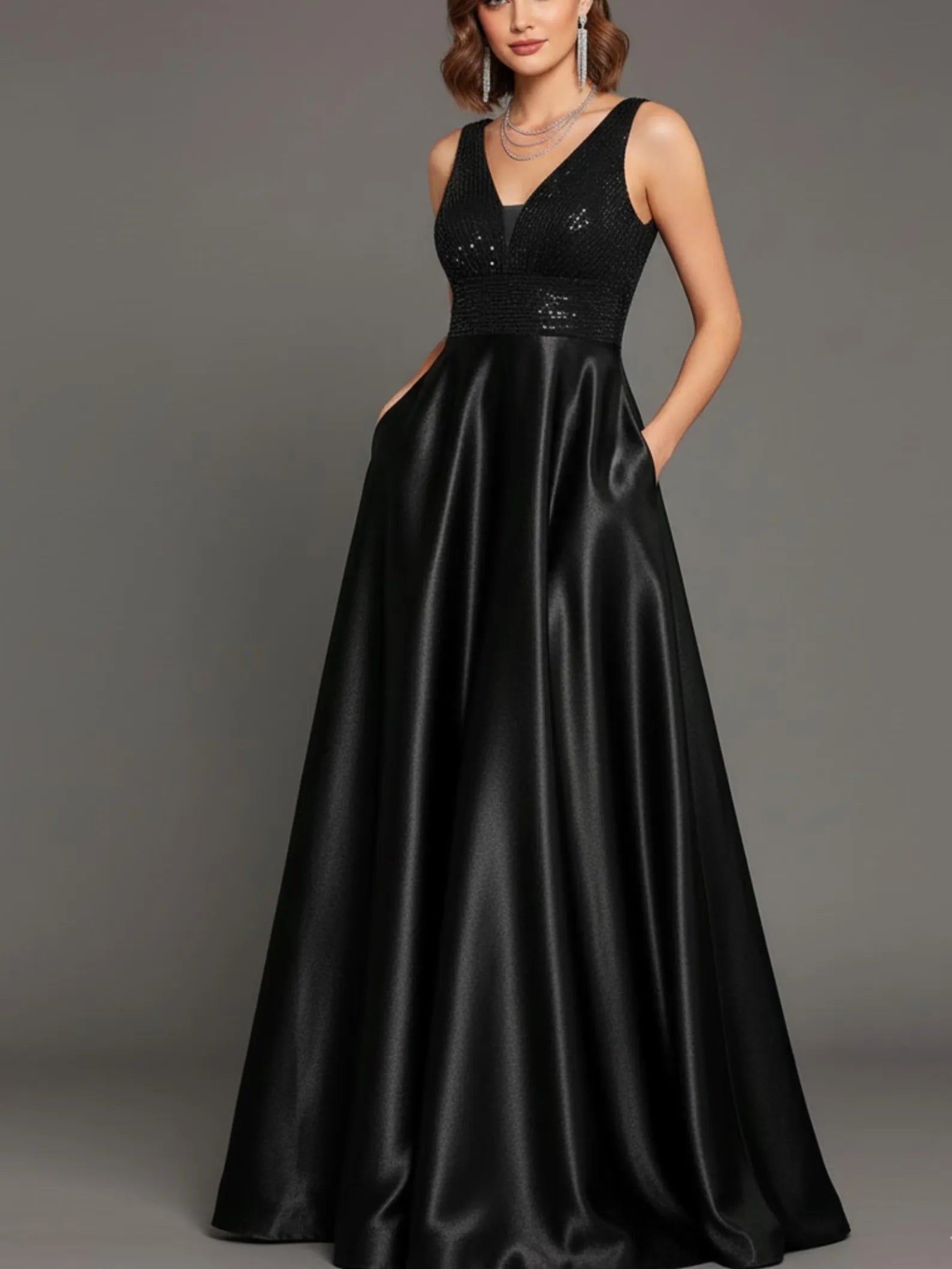 Elegant A-Line V-Neck Sleeveless Sequin Satin Black Floor-Length Prom Dress With Pockets