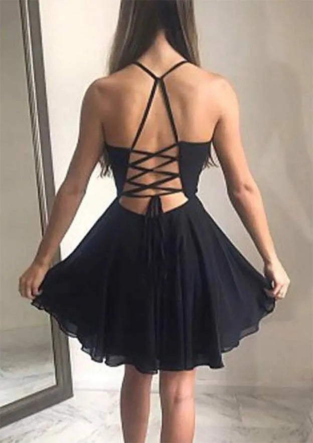 Elegant A-Line V-Neck Spaghetti Strap Lace-Up Back Chiffon Black Homecoming Dress