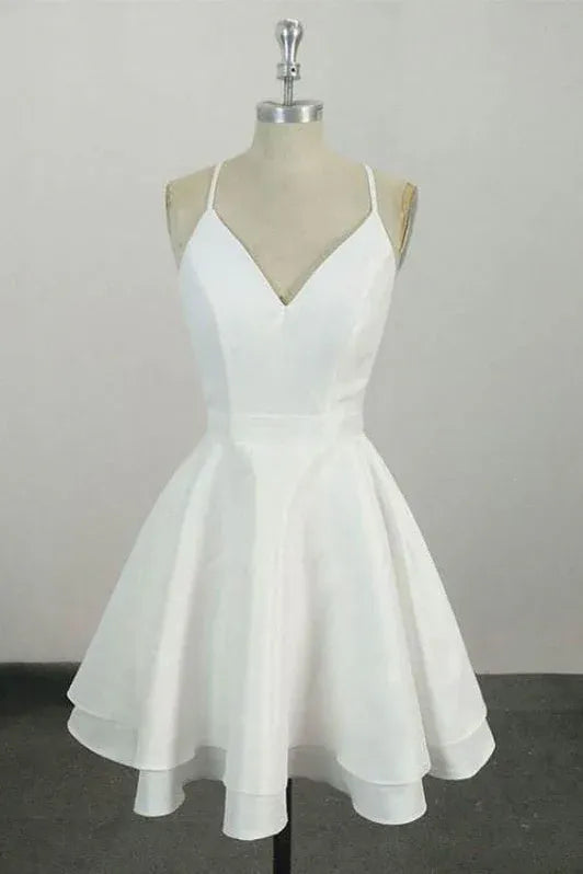 Elegant A-Line V-Neck Tiered Ruffle Lace-Back White Short Homecoming Dress