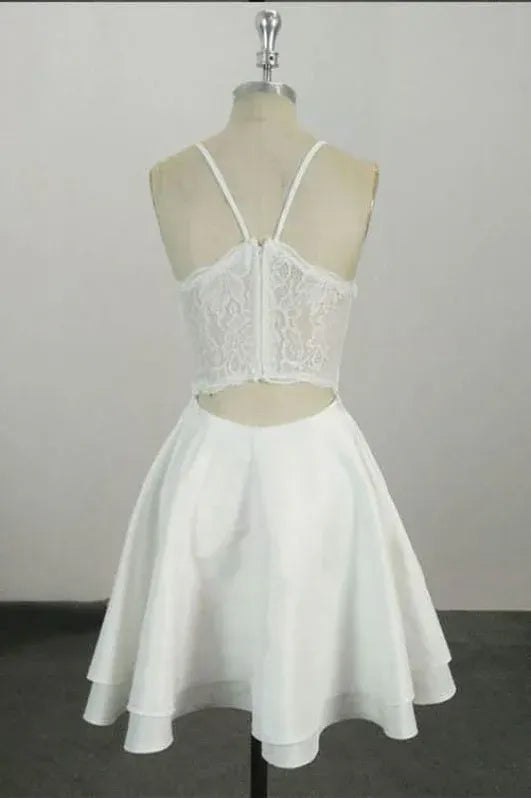 Elegant A-Line V-Neck Tiered Ruffle Lace-Back White Short Homecoming Dress