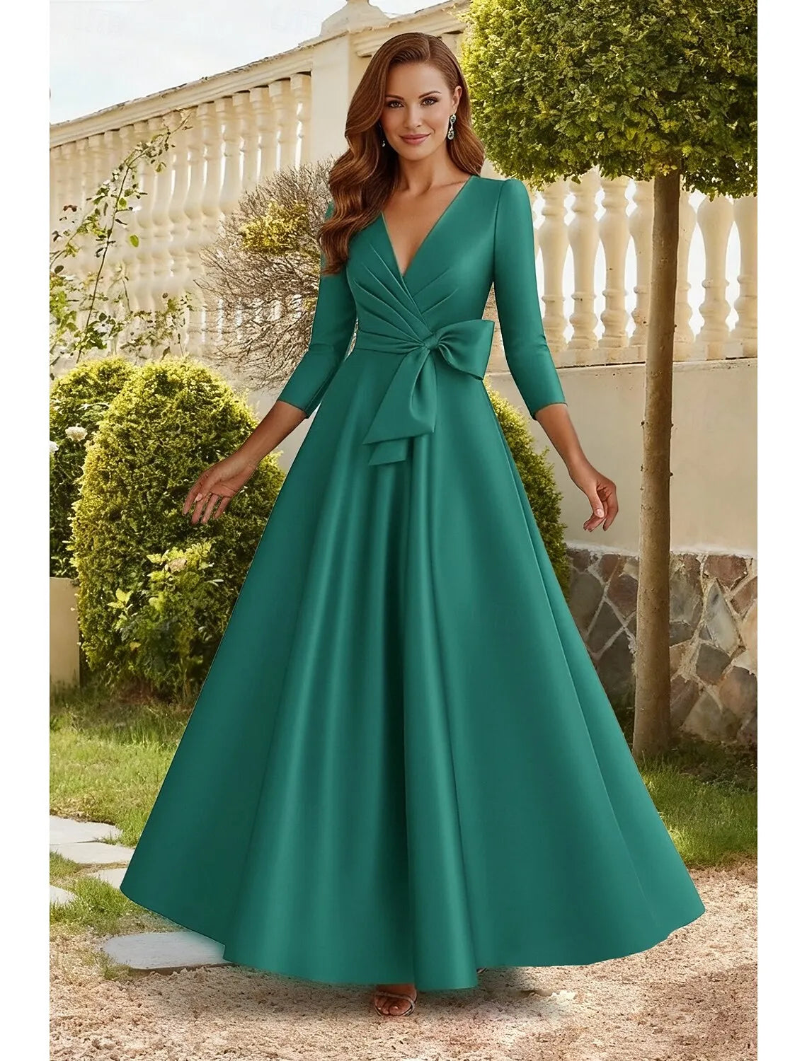 Elegant A-Line V Neck 3/4 Sleeve Tie Bow Satin Teal Floor Length Prom Dress