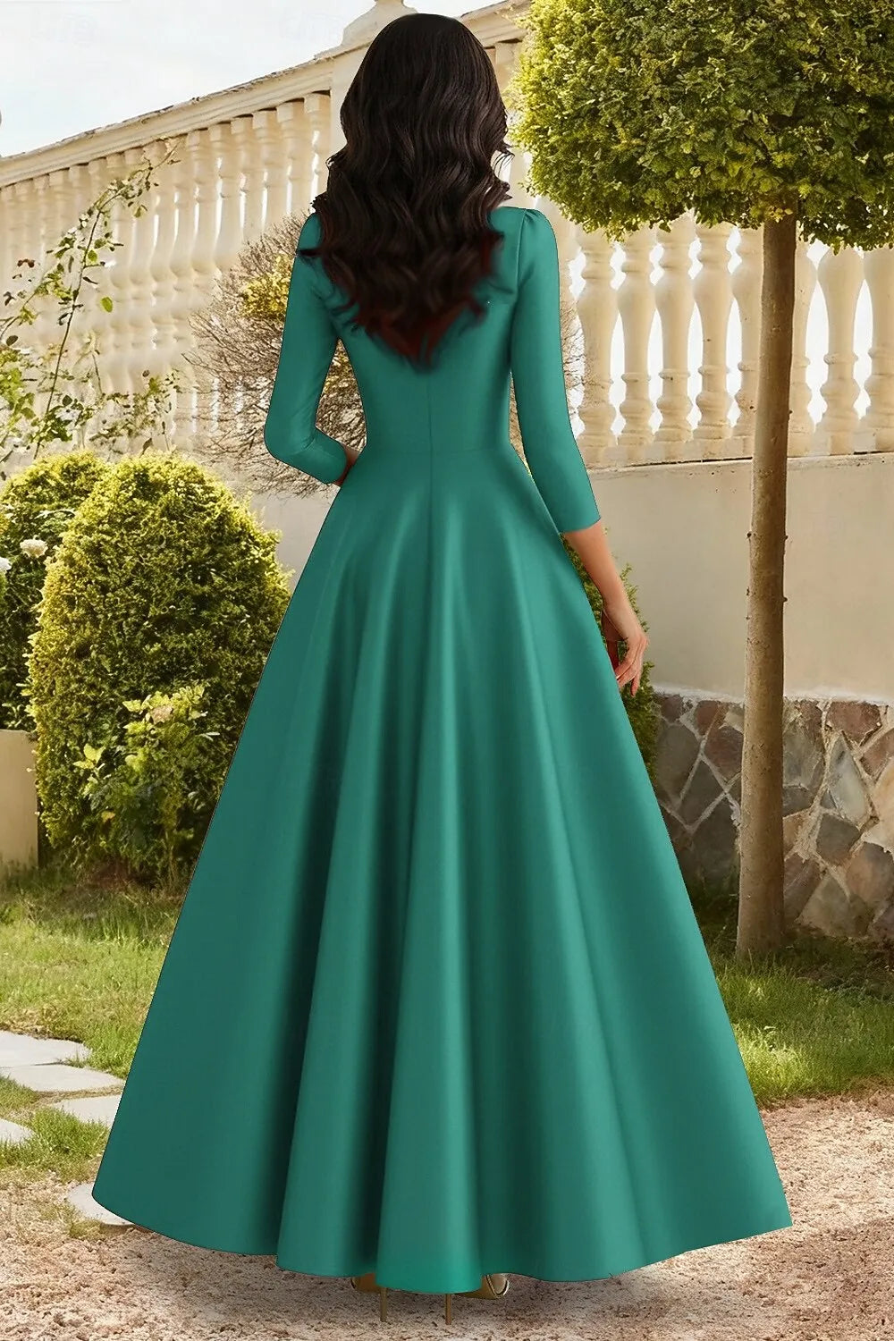 Elegant A-Line V Neck 3/4 Sleeve Tie Bow Satin Teal Floor Length Prom Dress