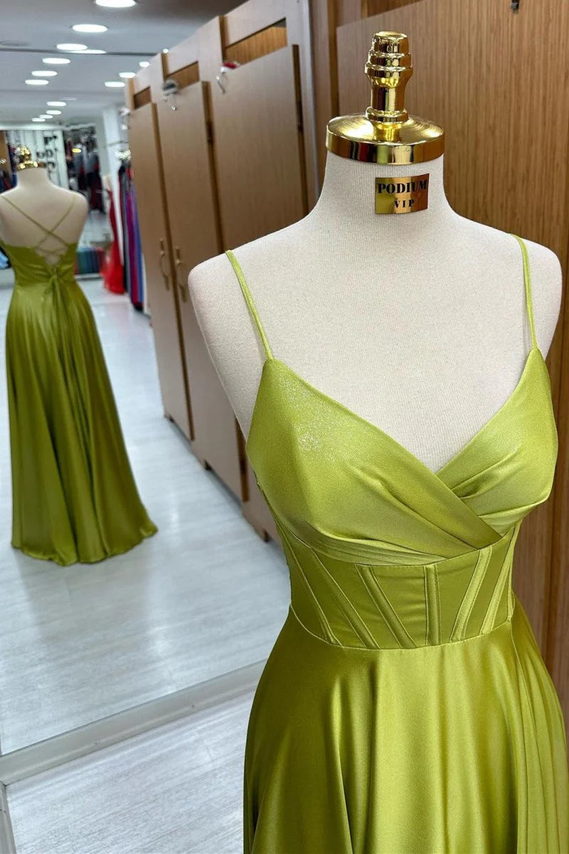 Elegant A-Line V Neck Corset Lace-Up Satin Olive Green Long Prom Dress