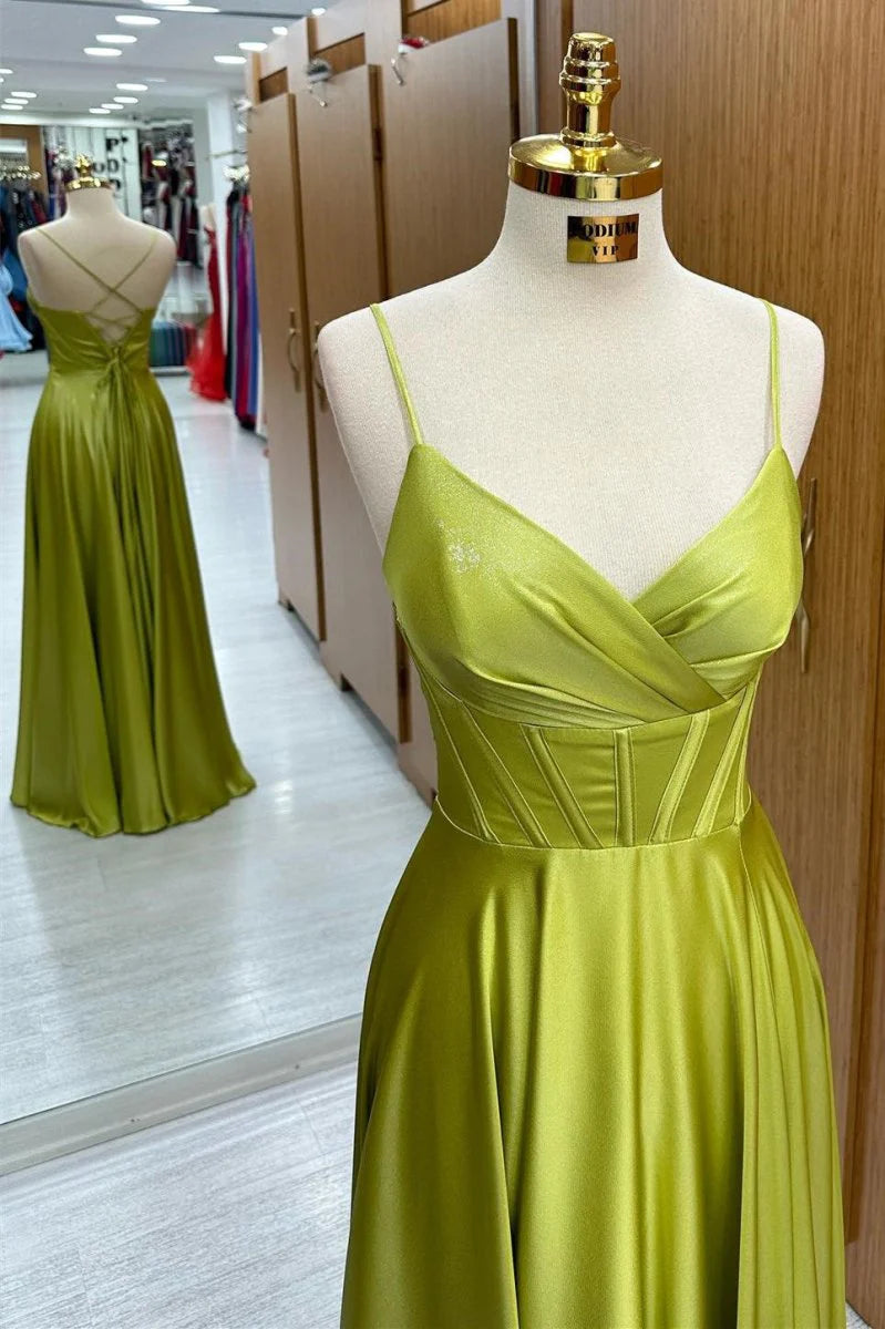 Elegant A-Line V Neck Corset Lace-Up Satin Olive Green Long Prom Dress