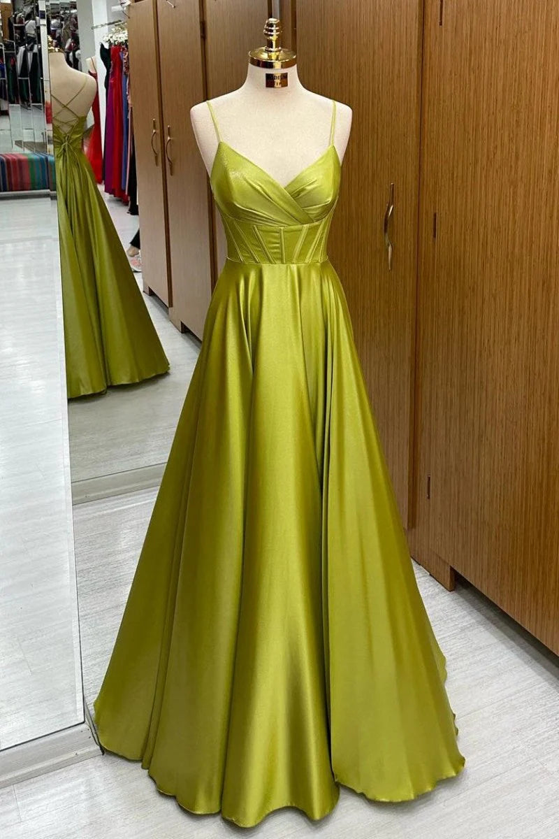 Elegant A-Line V Neck Corset Lace-Up Satin Olive Green Long Prom Dress