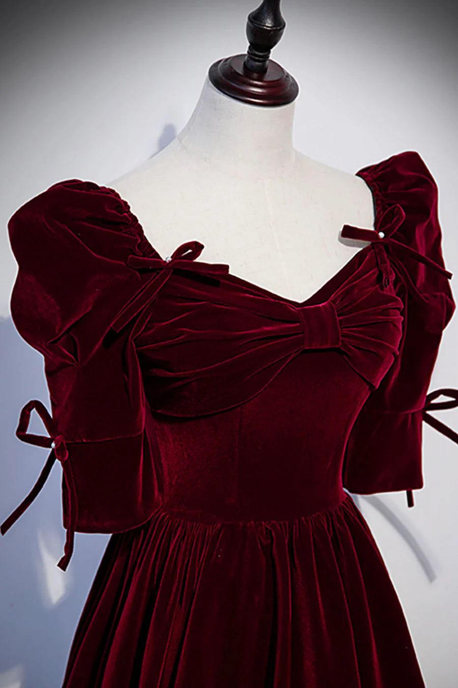 Elegant A-Line V Neck Short Sleeve Velvet Burgundy Long Prom Dresses With Bow