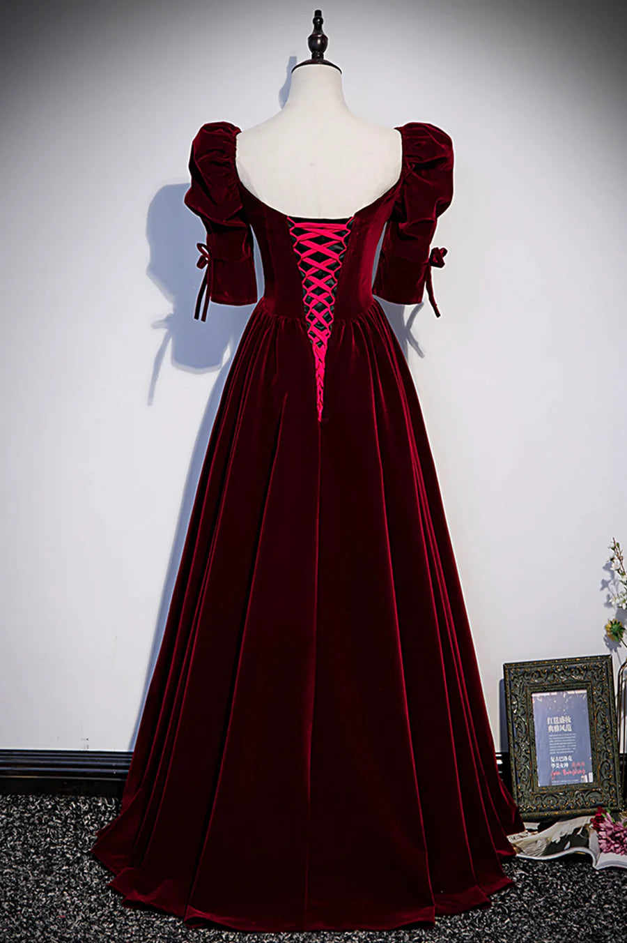 Elegant A-Line V Neck Short Sleeve Velvet Burgundy Long Prom Dresses With Bow