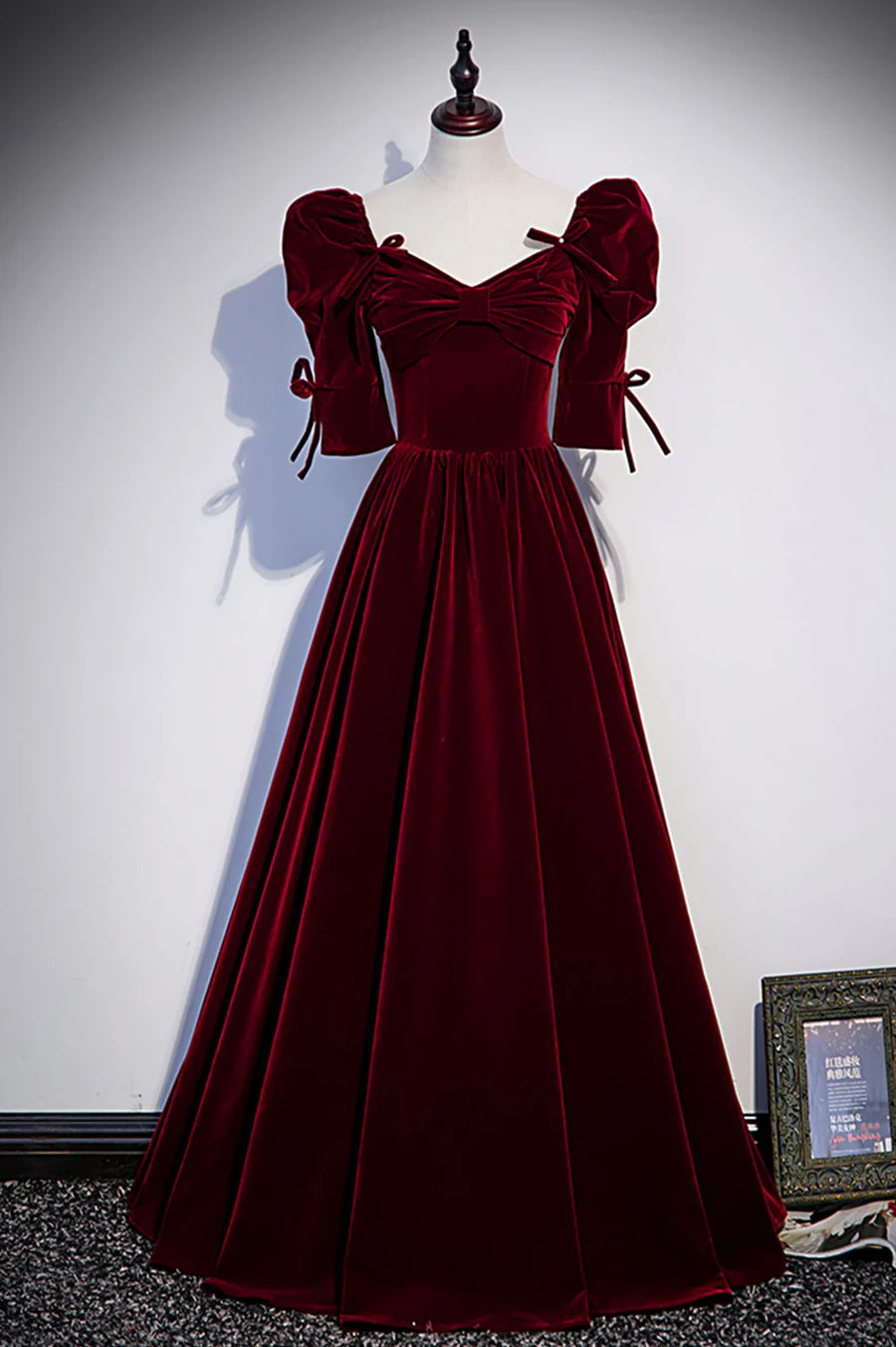 Elegant A-Line V Neck Short Sleeve Velvet Burgundy Long Prom Dresses With Bow