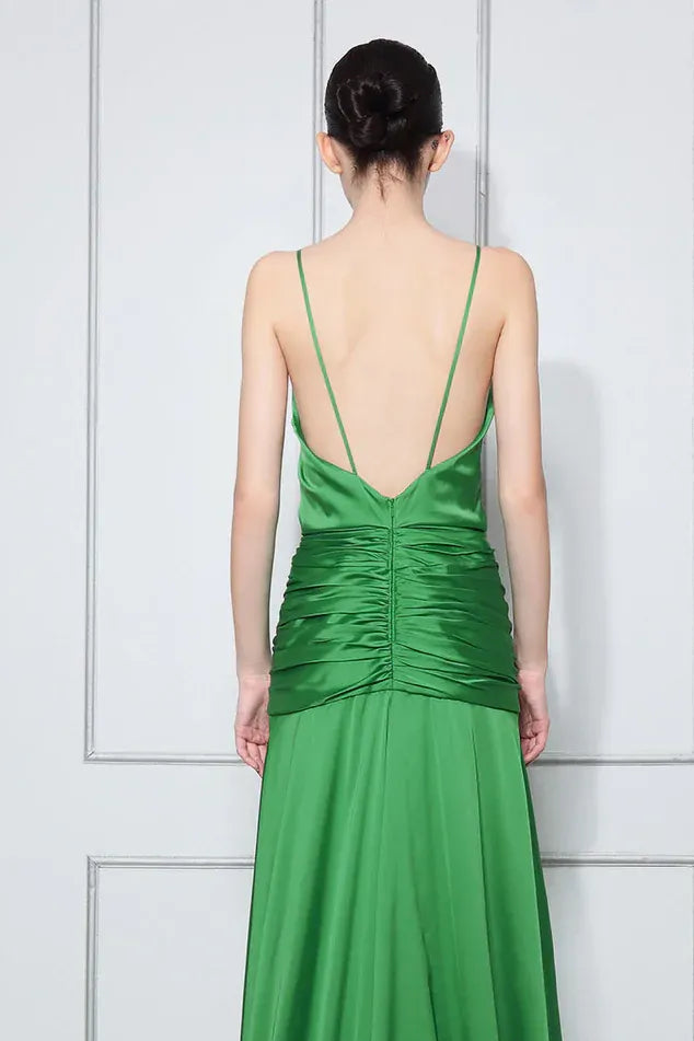 Elegant A-Line V Neck Spaghetti Strap Ruched Waist Satin Green Long Prom Dress