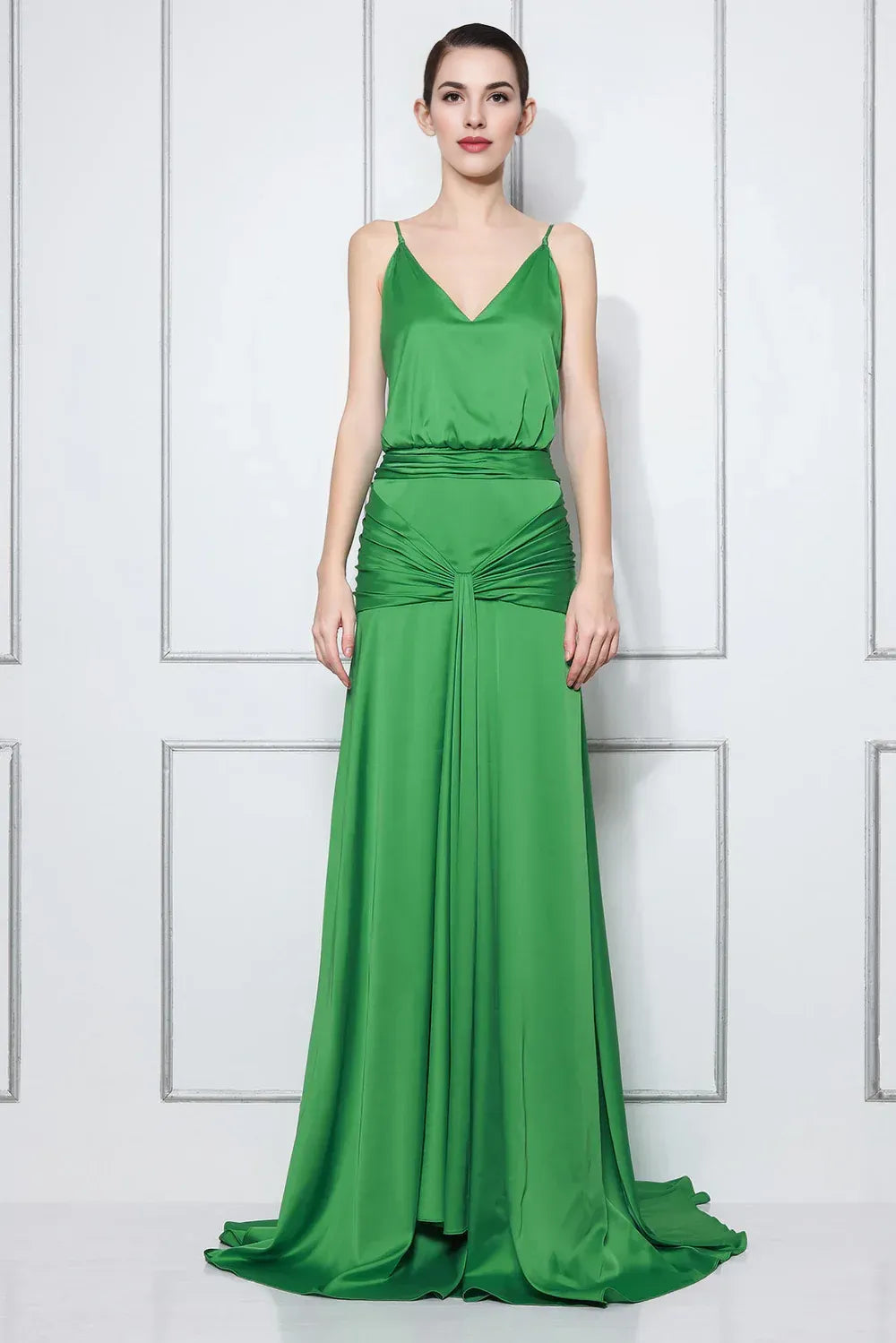 Elegant A-Line V Neck Spaghetti Strap Ruched Waist Satin Green Long Prom Dress