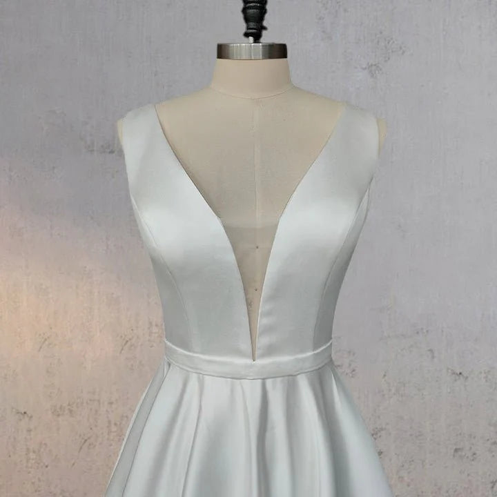 Elegant A-Line White Satin Deep V Neck Cross Straps Back Wedding Dress With Sweep Train