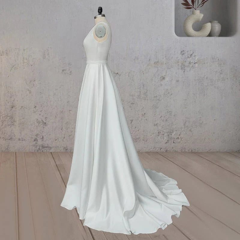 Elegant A-Line White Satin Deep V Neck Cross Straps Back Wedding Dress With Sweep Train