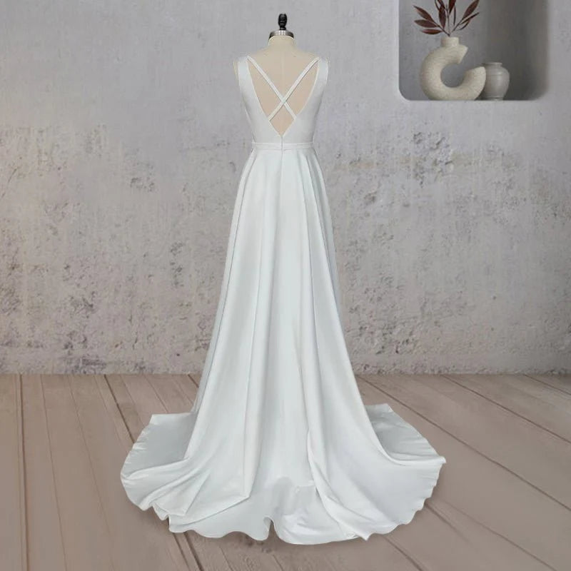 Elegant A-Line White Satin Deep V Neck Cross Straps Back Wedding Dress With Sweep Train