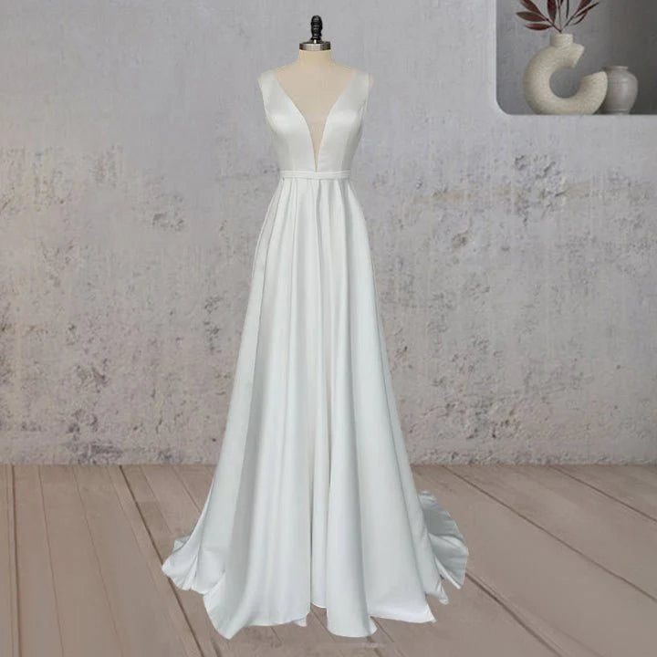 Elegant A-Line White Satin Deep V Neck Cross Straps Back Wedding Dress With Sweep Train