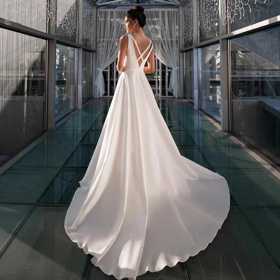 Elegant A-Line White Satin Deep V Neck Cross Straps Back Wedding Dress With Sweep Train