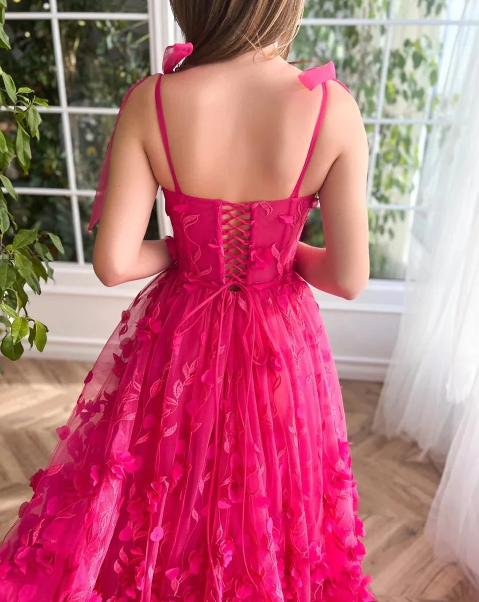 Elegant A-line 3D Flower Lace Tulle Fuchsia Prom Dress With Slit