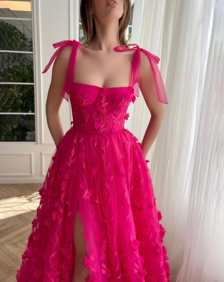 Elegant A-line 3D Flower Lace Tulle Fuchsia Prom Dress With Slit