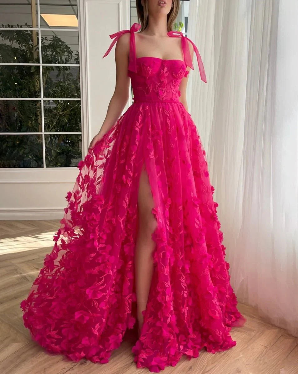 Elegant A-line 3D Flower Lace Tulle Fuchsia Prom Dress With Slit