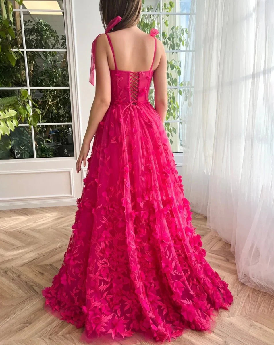 Elegant A-line 3D Flower Lace Tulle Fuchsia Prom Dress With Slit