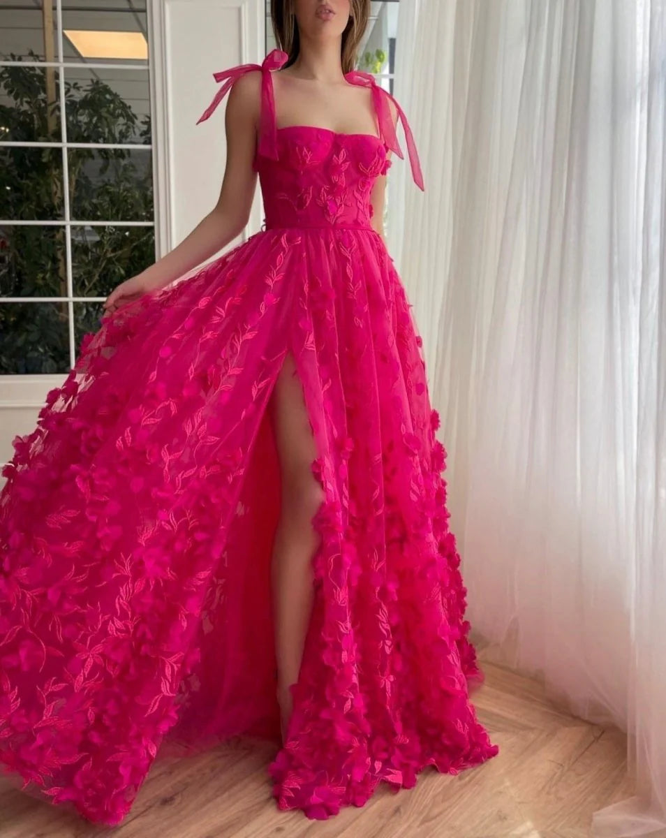 Elegant A-line 3D Flower Lace Tulle Fuchsia Prom Dress With Slit