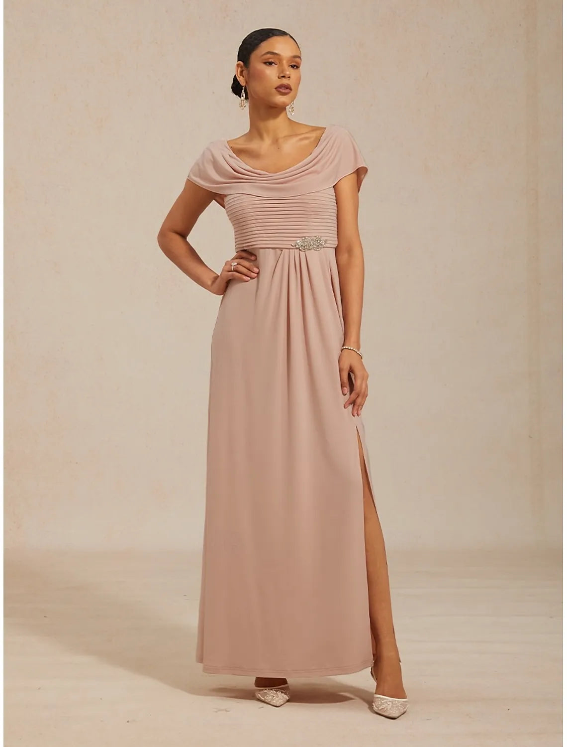 Elegant A-line Cowl Neck Cap-sleeve Ruched Blush Pink Maxi Prom Dress for Women Ready to Ship