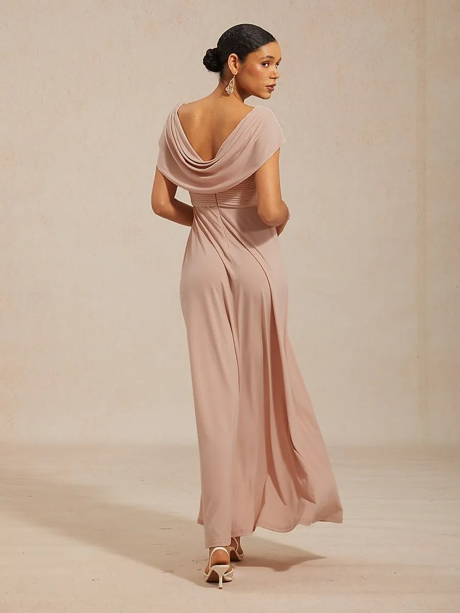Elegant A-line Cowl Neck Cap-sleeve Ruched Blush Pink Maxi Prom Dress for Women Ready to Ship