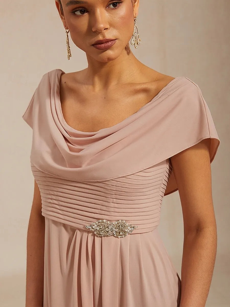 Elegant A-line Cowl Neck Cap-sleeve Ruched Blush Pink Maxi Prom Dress for Women Ready to Ship
