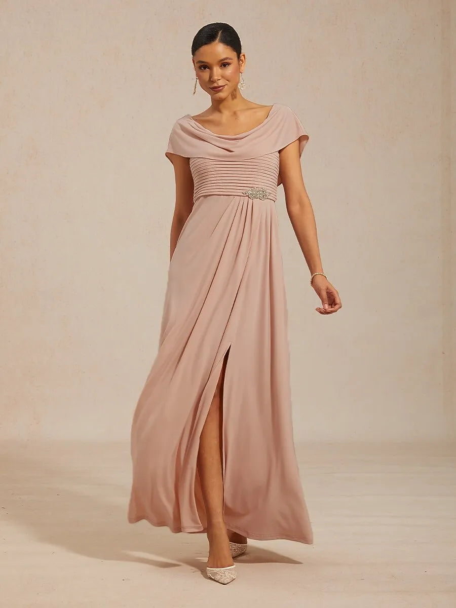 Elegant A-line Cowl Neck Cap-sleeve Ruched Blush Pink Maxi Prom Dress for Women Ready to Ship