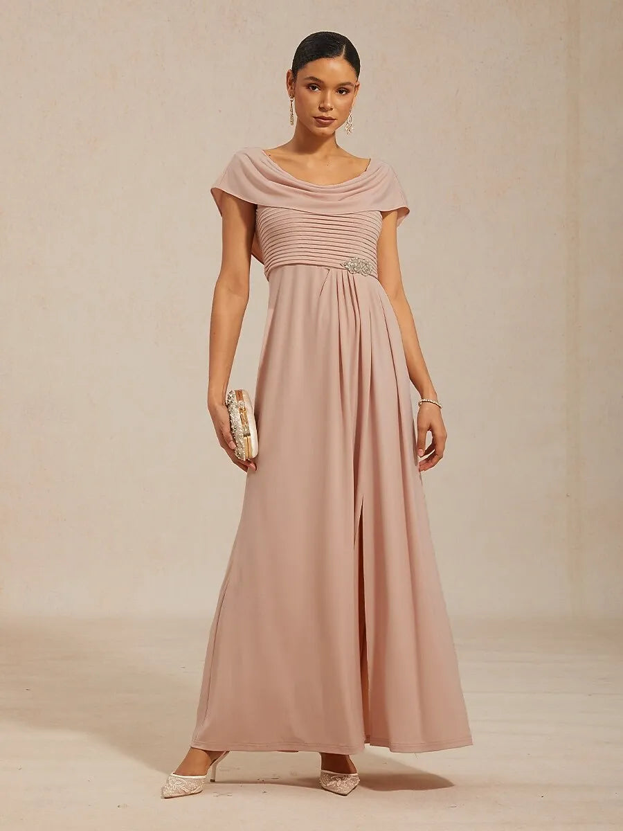 Elegant A-line Cowl Neck Cap-sleeve Ruched Blush Pink Maxi Prom Dress for Women Ready to Ship