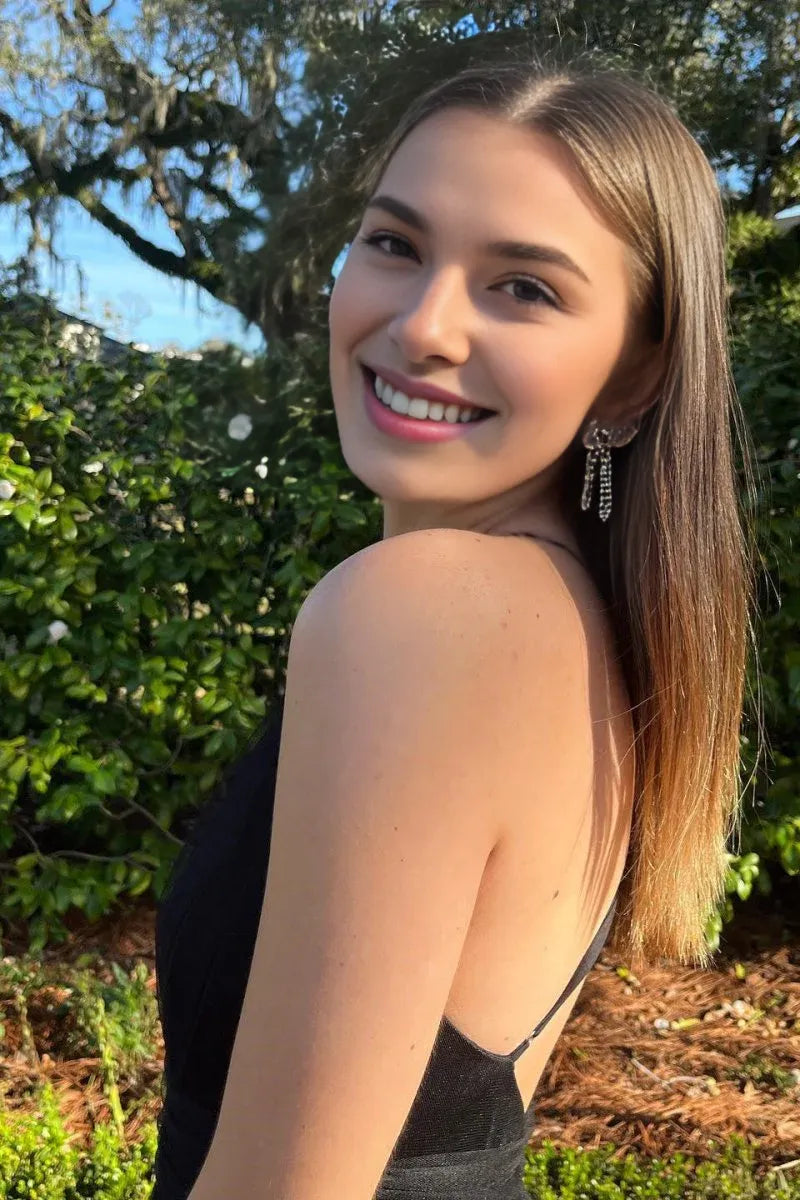 Elegant A-line Deep V Neck Layered Tulle Black Long Prom Dress