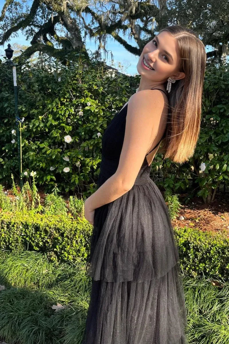 Elegant A-line Deep V Neck Layered Tulle Black Long Prom Dress