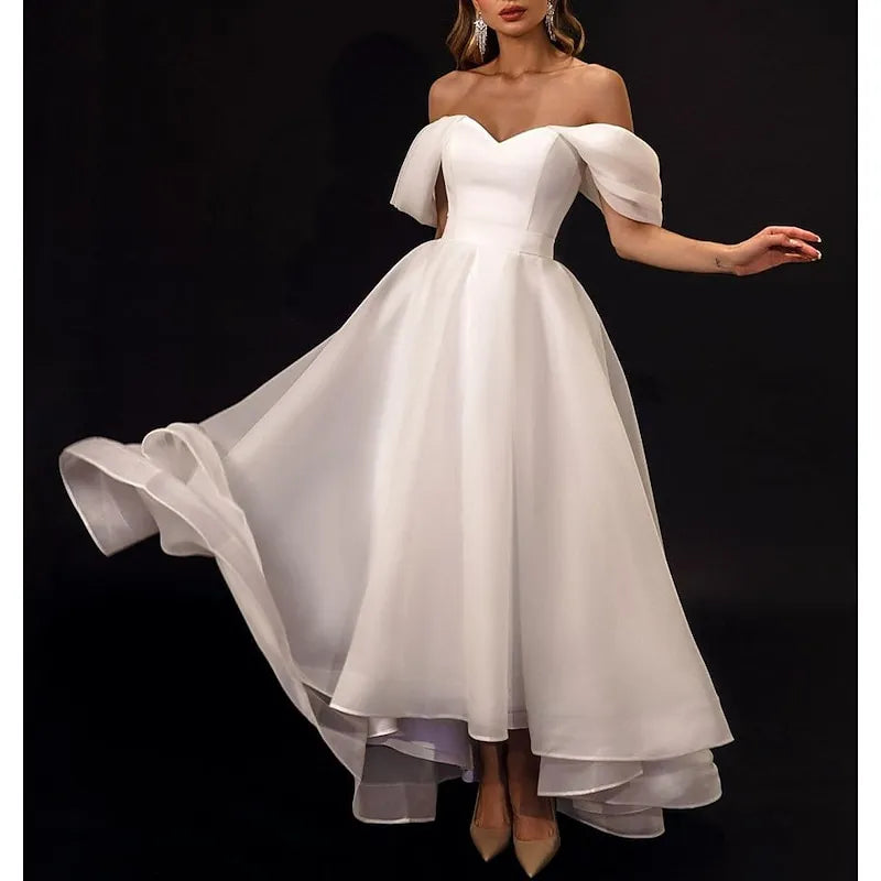 Elegant A-line Off-the-shoulder Organza White Hi-lo Prom Dress for Women Custom