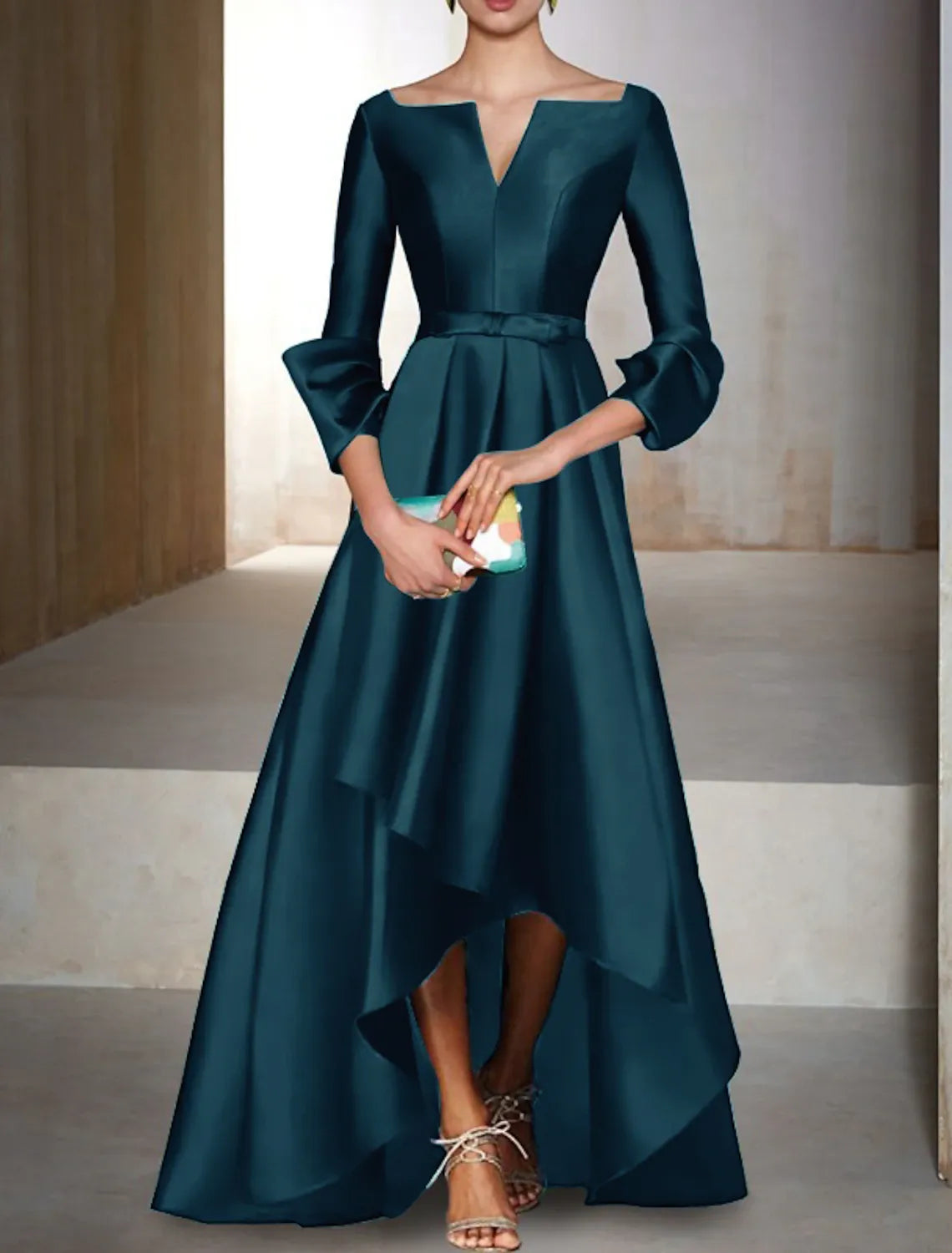 Elegant A-line Off-the-shoulder Long-sleeved Satin Ink Blue High-low Prom Dress for Women Ready to Ship