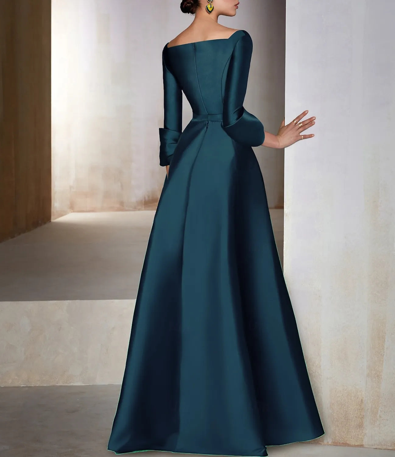 Elegant A-line Off-the-shoulder Long-sleeved Satin Ink Blue High-low Prom Dress for Women Ready to Ship
