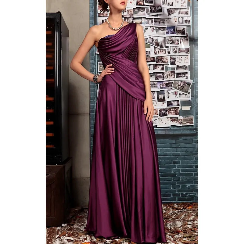 Elegant A-line One-Shoulder Ruched Grape Floor-Length Evening Dress For Women Ready To Ship