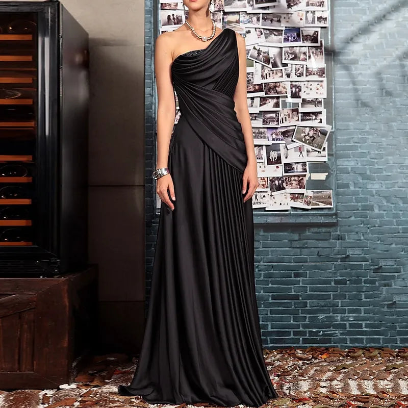 Elegant A-line One-Shoulder Ruched Grape Floor-Length Evening Dress For Women Ready To Ship