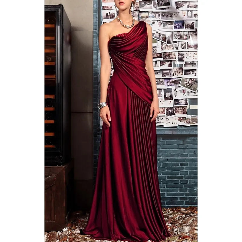 Elegant A-line One-Shoulder Ruched Grape Floor-Length Evening Dress For Women Ready To Ship