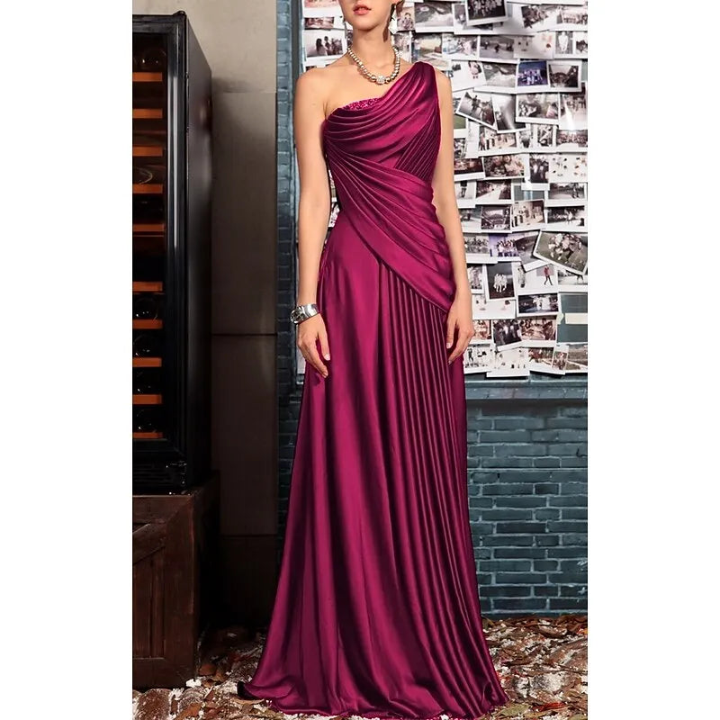 Elegant A-line One-Shoulder Ruched Grape Floor-Length Evening Dress For Women Ready To Ship