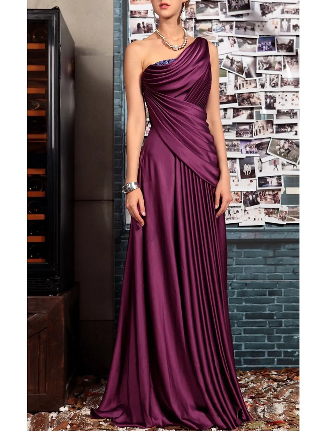 Elegant A-line One-Shoulder Ruched Grape Floor-Length Evening Dress For Women Ready To Ship
