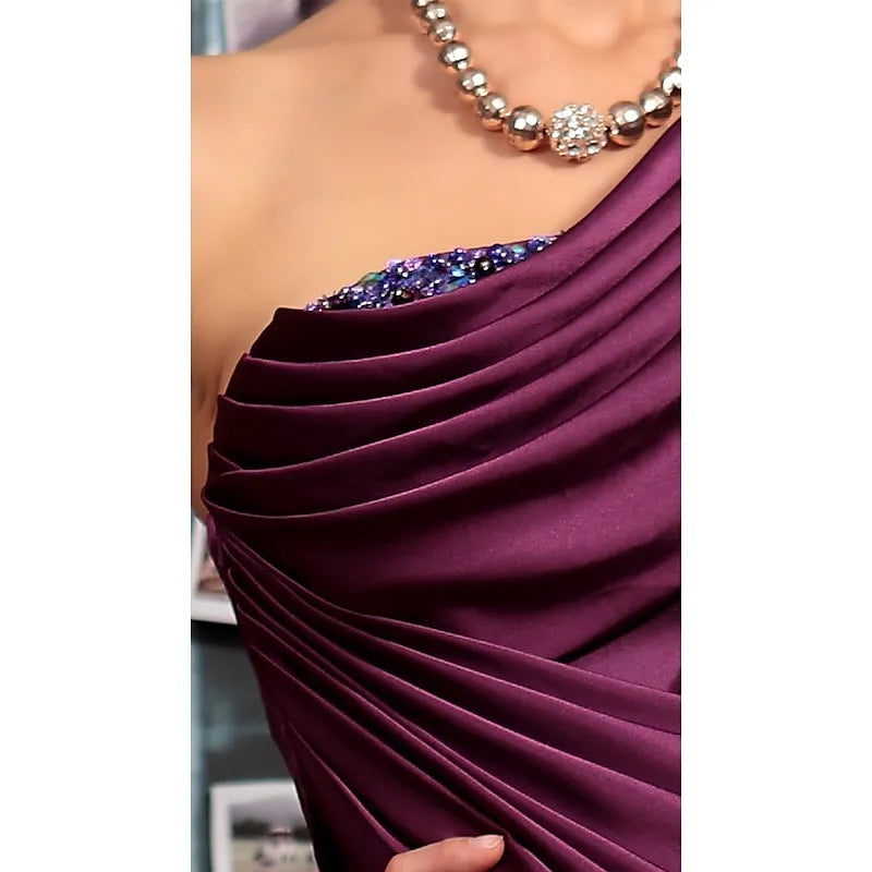 Elegant A-line One-Shoulder Ruched Grape Floor-Length Evening Dress For Women Ready To Ship