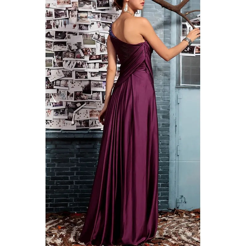 Elegant A-line One-Shoulder Ruched Grape Floor-Length Evening Dress For Women Ready To Ship