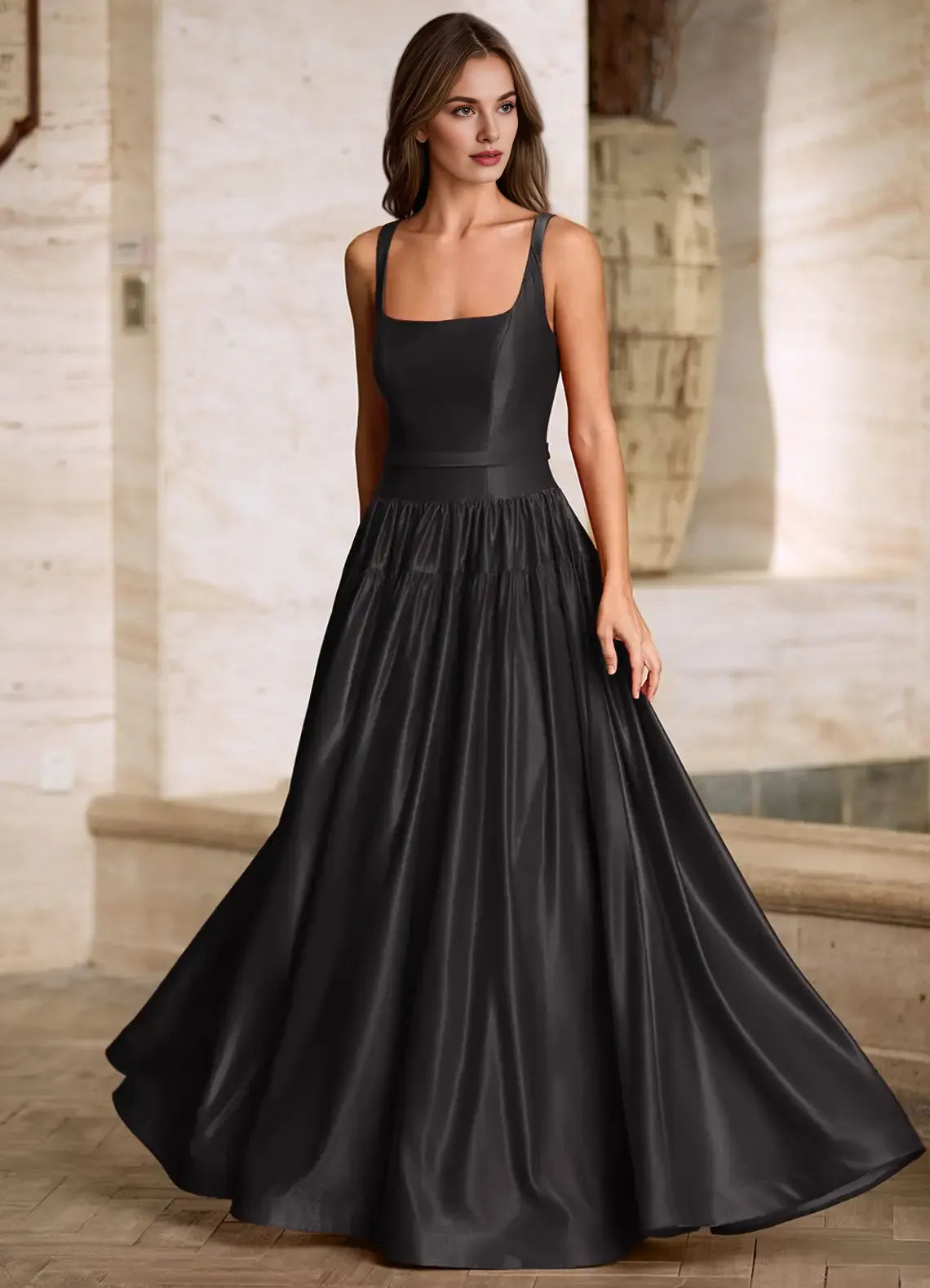 Elegant A-line Square Neck Satin Burgundy Full Length Prom Dress