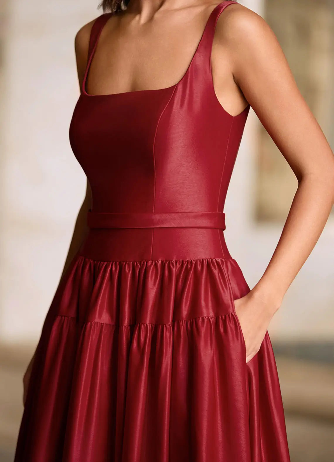 Elegant A-line Square Neck Satin Burgundy Long Prom Dress With Pockets