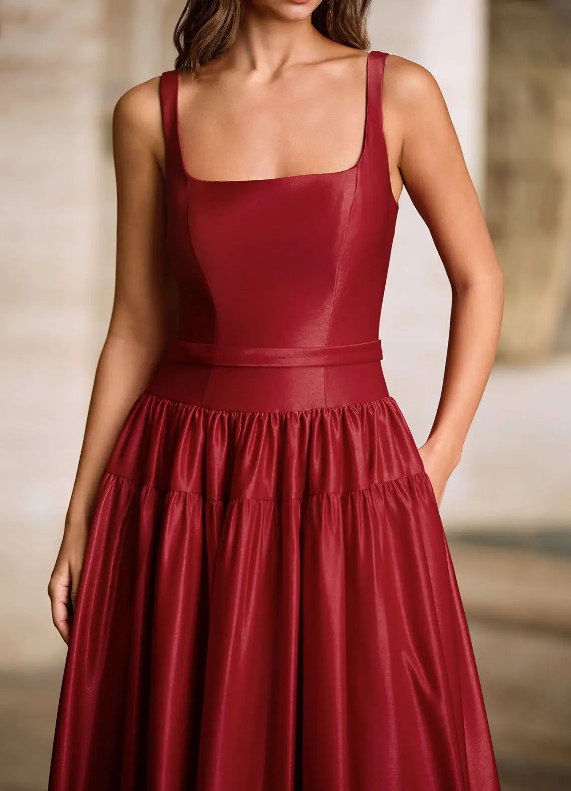 Elegant A-line Square Neck Satin Burgundy Long Prom Dress With Pockets