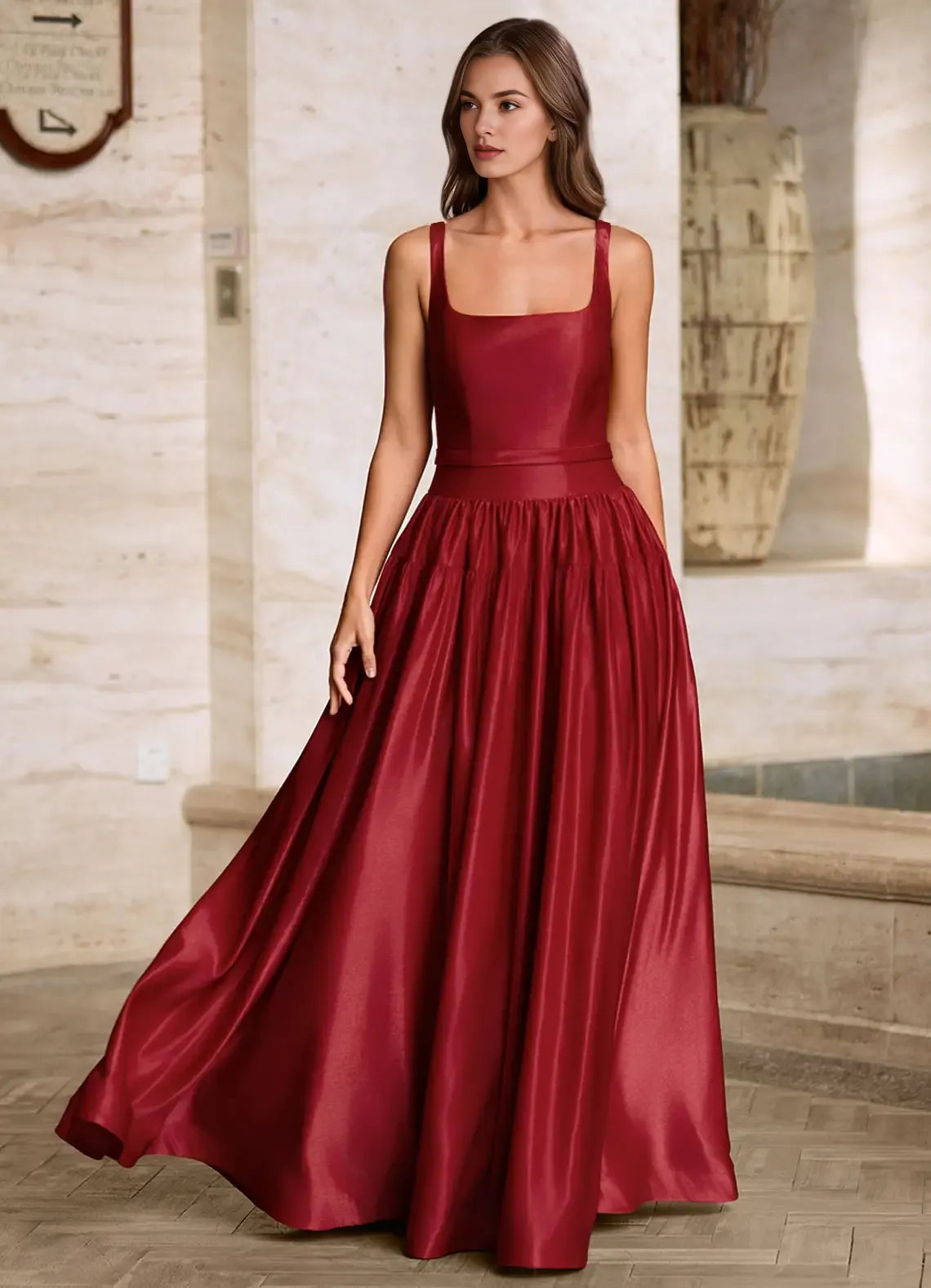 Elegant A-line Square Neck Satin Burgundy Long Prom Dress With Pockets
