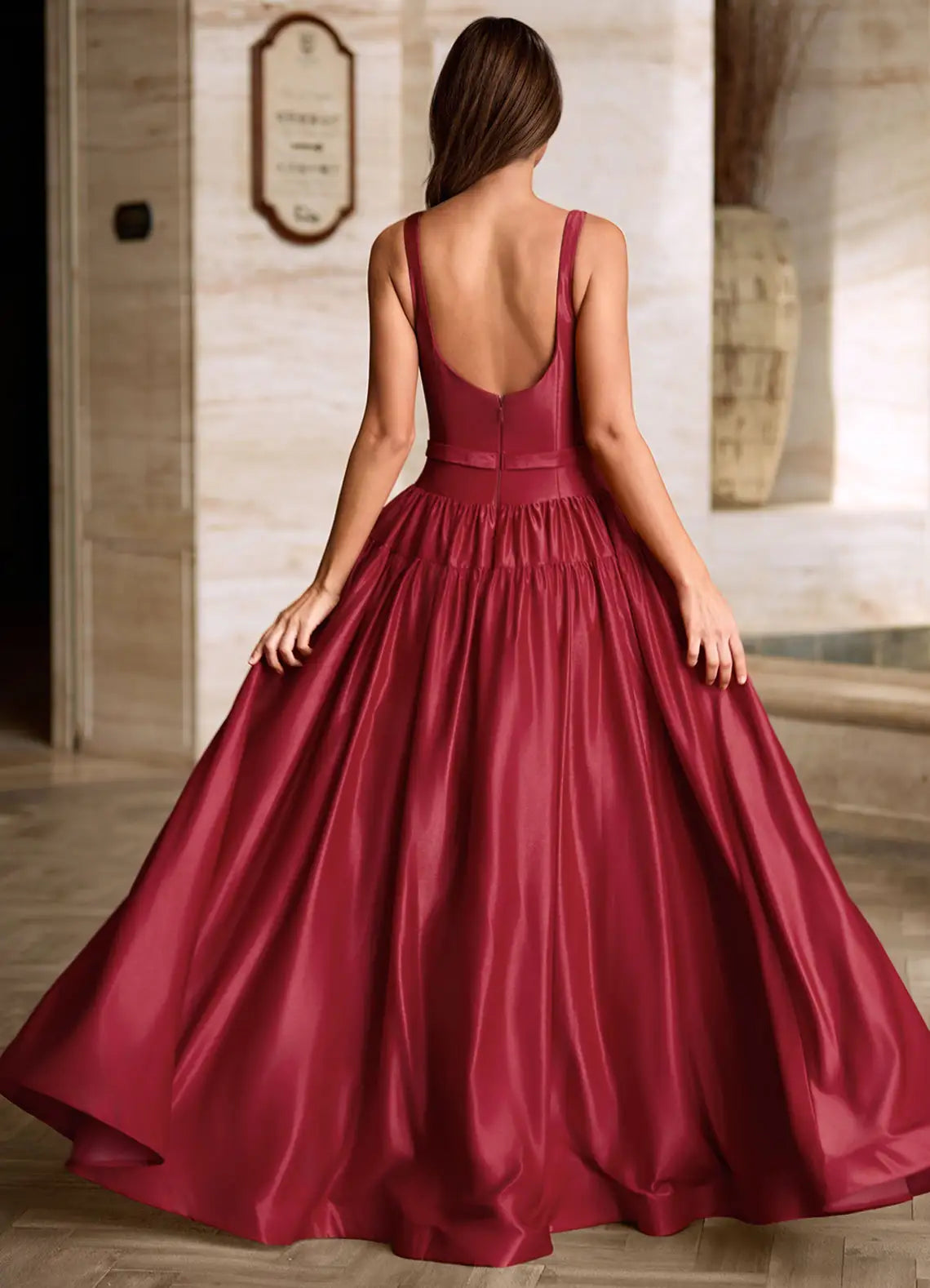 Elegant A-line Square Neck Satin Burgundy Long Prom Dress With Pockets